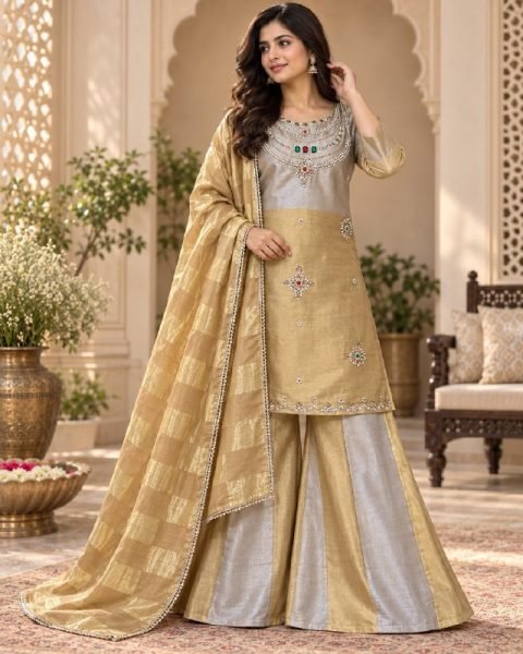 Silver Golden Party Wear Banarasi Viscose Top Palazzo Suit with Stone Embroidery 3 Piece Kurti Set
