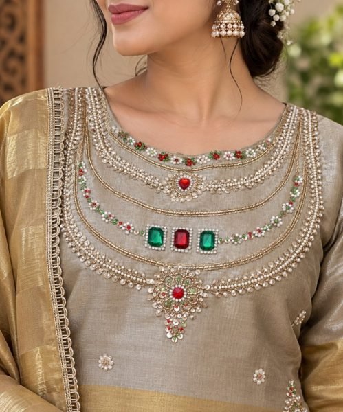 Silver Golden Party Wear Banarasi Viscose Top Palazzo Suit with Stone Embroidery 3 Piece Kurti Set