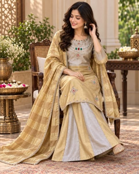 Silver Golden Party Wear Banarasi Viscose Top Palazzo Suit with Stone Embroidery 3 Piece Kurti Set