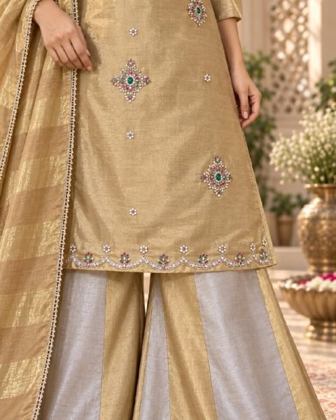 Silver Golden Party Wear Banarasi Viscose Top Palazzo Suit with Stone Embroidery 3 Piece Kurti Set