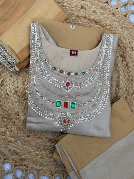 Silver Golden Party Wear Banarasi Viscose Top Palazzo Suit with Stone Embroidery 3 Piece Kurti Set