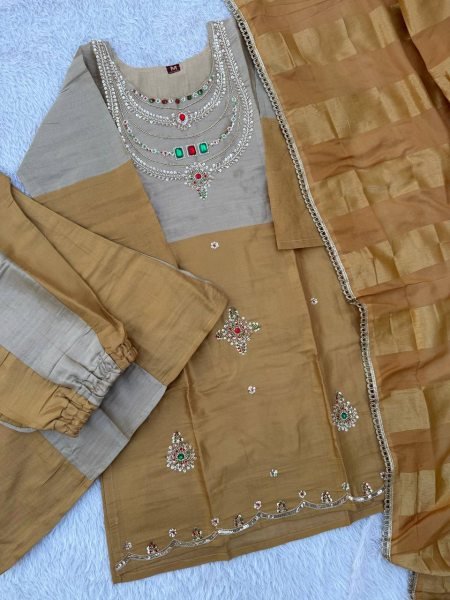 Silver Golden Party Wear Banarasi Viscose Top Palazzo Suit with Stone Embroidery 3 Piece Kurti Set