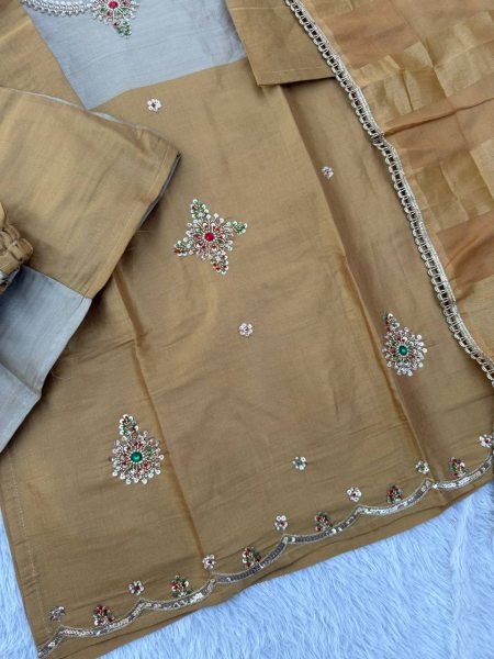 Silver Golden Party Wear Banarasi Viscose Top Palazzo Suit with Stone Embroidery 3 Piece Kurti Set