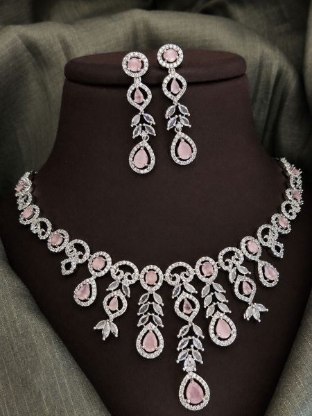Silver Premium American Diamond Bridal Necklace Set at Wholesale Rate Sarees 