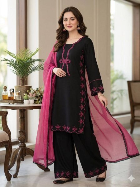 Simple and Classy Blak Kurti Set With Dupatta for Women Summer Styling Ready To Wear Collection