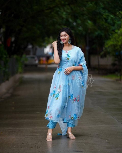 Simple   Elegant Floral Print Organza Kurti Dupatta Set Kurti With Dupatta Wholesale