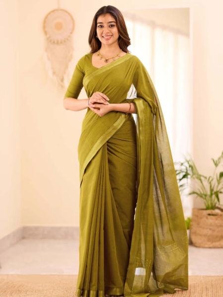 Simple Green Plain Cotton Saree with Running Blouse For South Indian Woman Sarees 