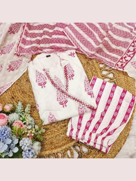 Simple  Straight Cotton Kurti and  Hand Embroidery Work with Mulmul Dupatta 3 Piece Kurti Set