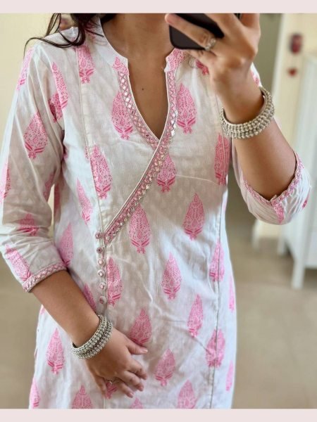 Simple  Straight Cotton Kurti and  Hand Embroidery Work with Mulmul Dupatta 3 Piece Kurti Set