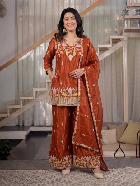 Sindoori Orange Short Kurti Palazzo Set with Sequin Work High Quality At the Lowest Price 