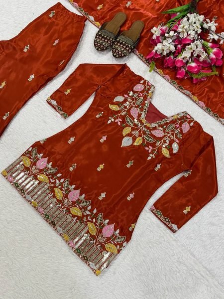Sindoori Orange Short Kurti Palazzo Set with Sequin Work High Quality At the Lowest Price Ready To Wear Collection