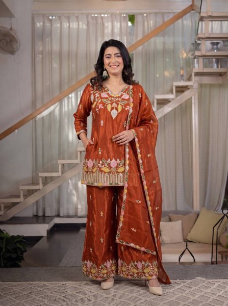 Sindoori Orange Short Kurti Palazzo Set with Sequin Work High Quality At the Lowest Price Ready To Wear Collection
