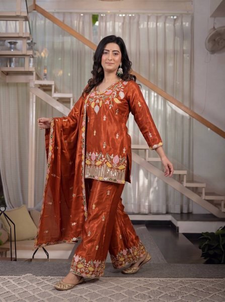Sindoori Orange Short Kurti Palazzo Set with Sequin Work High Quality At the Lowest Price Ready To Wear Collection