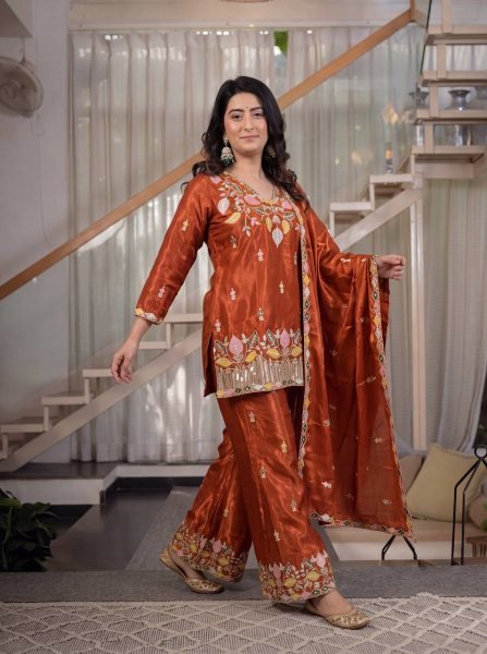 Sindoori Orange Short Kurti Palazzo Set with Sequin Work High Quality At the Lowest Price Ready To Wear Collection