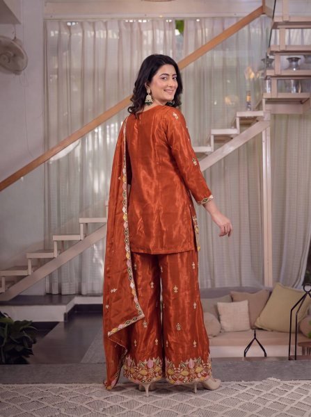 Sindoori Orange Short Kurti Palazzo Set with Sequin Work High Quality At the Lowest Price Ready To Wear Collection