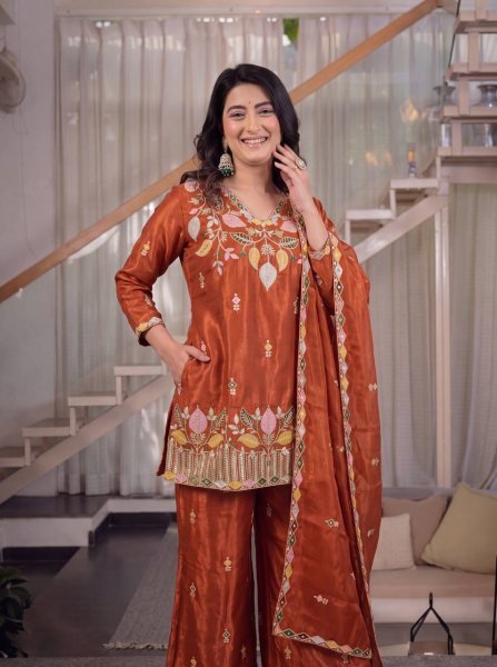 Sindoori Orange Short Kurti Palazzo Set with Sequin Work High Quality At the Lowest Price Ready To Wear Collection