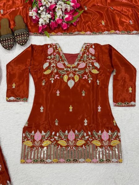 Sindoori Orange Short Kurti Palazzo Set with Sequin Work High Quality At the Lowest Price Ready To Wear Collection