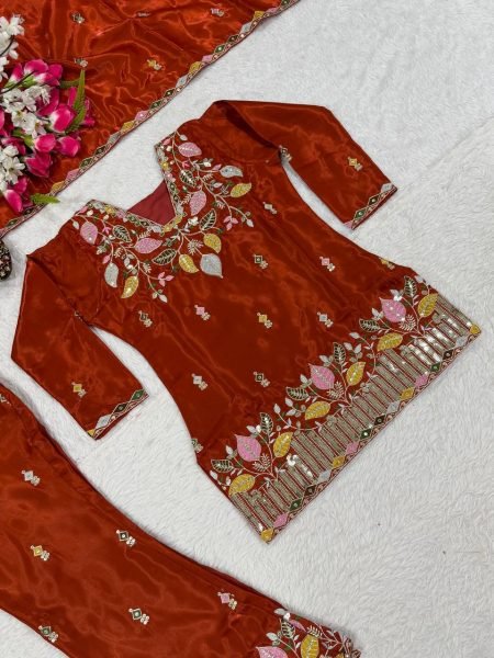 Sindoori Orange Short Kurti Palazzo Set with Sequin Work High Quality At the Lowest Price Ready To Wear Collection