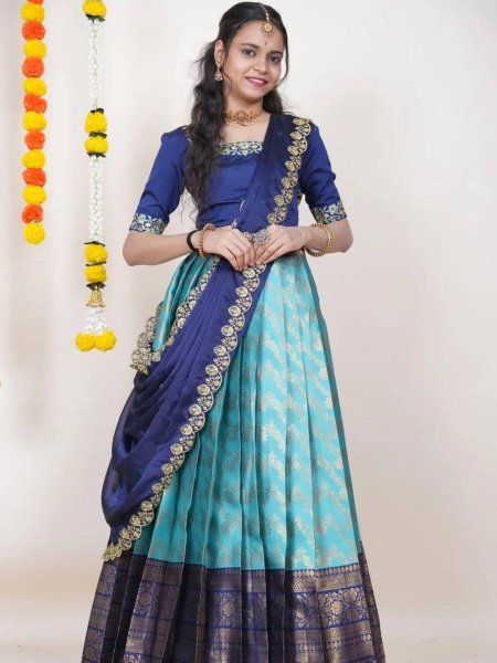 Sky Blue Boutique Quality Kanjivaram Silk Lehenga Set For South Indian Festival  Lehenga