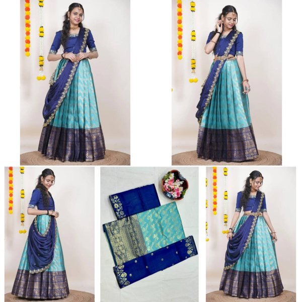 Sky Blue Boutique Quality Kanjivaram Silk Lehenga Set For South Indian Festival Half Saree Lehenga