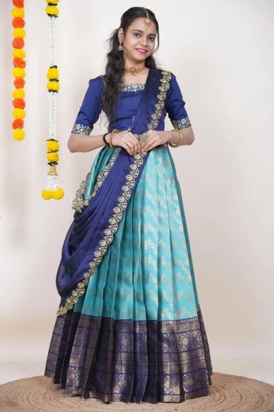 Sky Blue Boutique Quality Kanjivaram Silk Lehenga Set For South Indian Festival Half Saree Lehenga