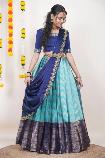 Sky Blue Boutique Quality Kanjivaram Silk Lehenga Set For South Indian Festival Half Saree Lehenga
