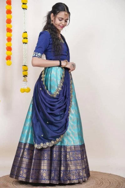 Sky Blue Boutique Quality Kanjivaram Silk Lehenga Set For South Indian Festival Half Saree Lehenga