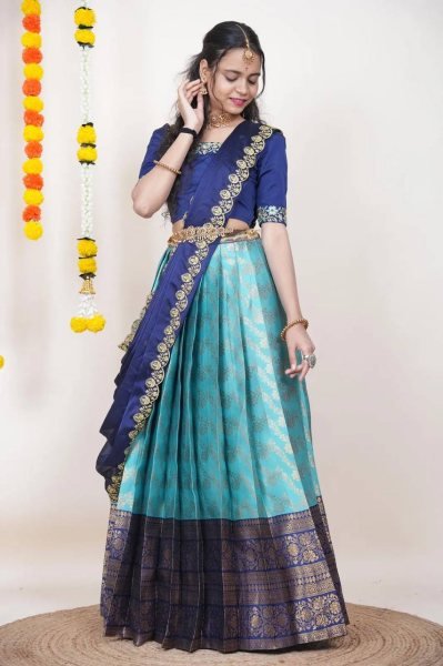 Sky Blue Boutique Quality Kanjivaram Silk Lehenga Set For South Indian Festival Half Saree Lehenga