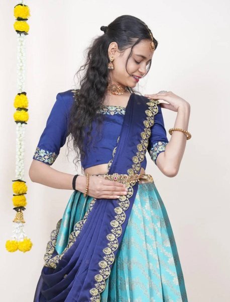 Sky Blue Boutique Quality Kanjivaram Silk Lehenga Set For South Indian Festival Half Saree Lehenga