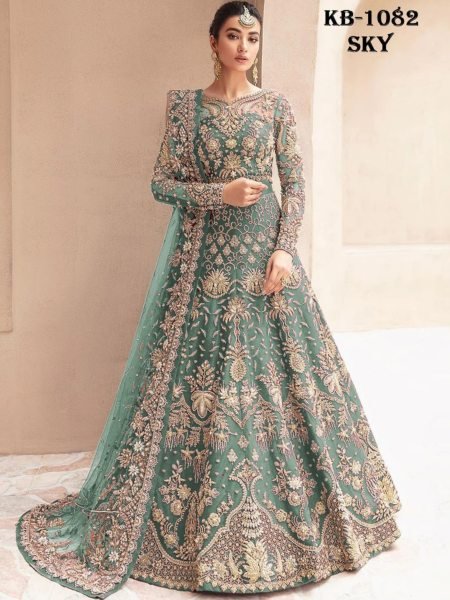 Sky Blue Butterfly Net Bridal Gown with Stone Work Dupatta for Wedding Wedding Bridal Dress Wholesale