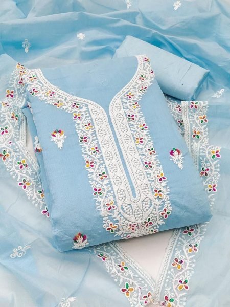 Sky Blue Chanderi Embroidered Suit Set Light, Elegant & Unstitched Dress Material 