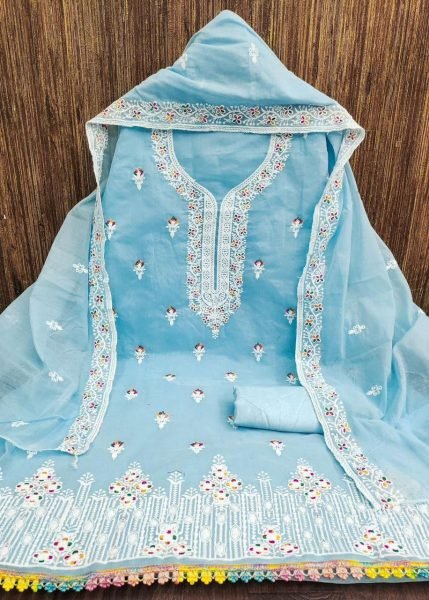 Sky Blue Chanderi Embroidered Suit Set Light, Elegant & Unstitched Color Set Matching Dress Material Wholesale