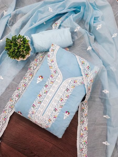 Sky Blue Chanderi Embroidered Suit Set Light, Elegant & Unstitched Color Set Matching Dress Material Wholesale