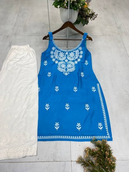 Sky Blue Chikankari Kurti Co-Ord Set Cool & Breezy Style for Summer Days Lucknowi Chikankari Kurtis Wholesale