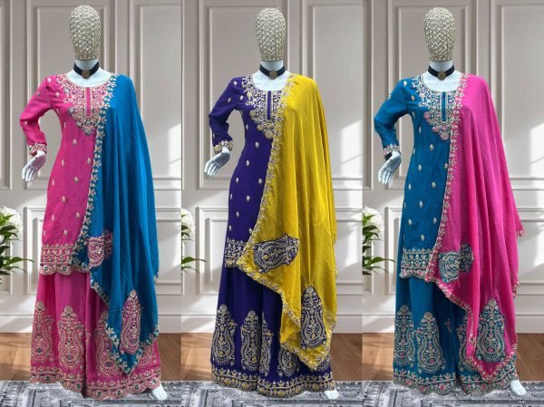 Sky Blue Chinon Palazzo Suit with Sequins Embroidery and Matching Dupatta for Diwali Special Ready To Wear Collection