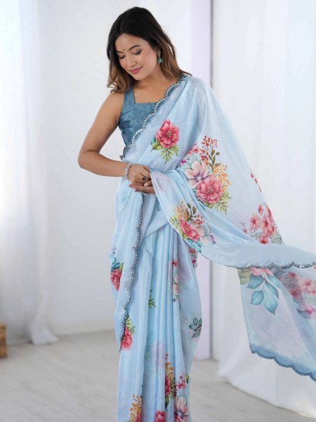 Sky Blue Chinon Printed Saree with Shimmering Mirror Border and Festive Floral Pattern For Celebrations 