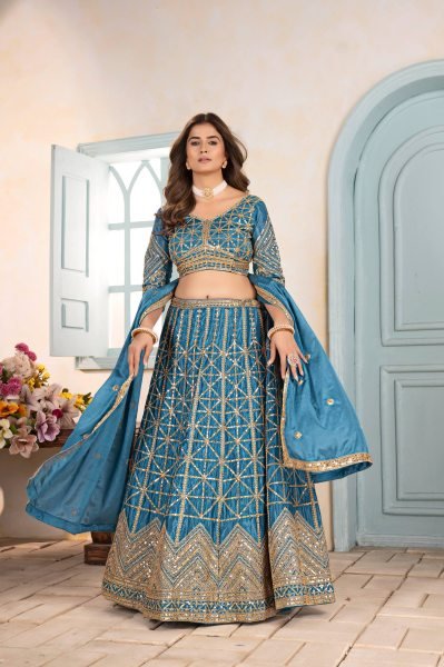 Sky Blue Chinon Silk Embroidered Lehenga Choli for Wedding Look Designer Lehenga Choli