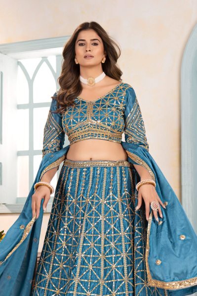 Sky Blue Chinon Silk Embroidered Lehenga Choli for Wedding Look Designer Lehenga Choli