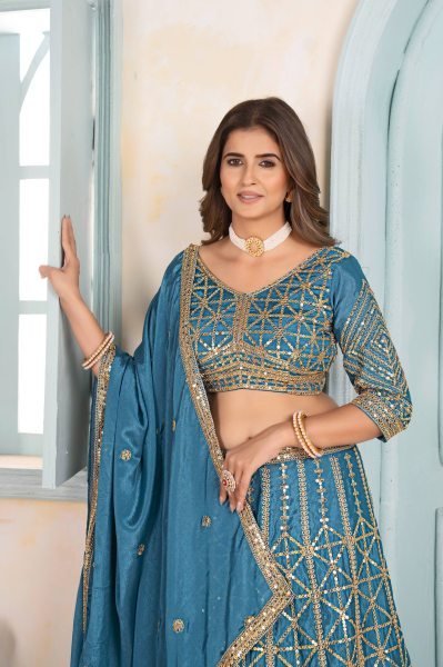 Sky Blue Chinon Silk Embroidered Lehenga Choli for Wedding Look Designer Lehenga Choli