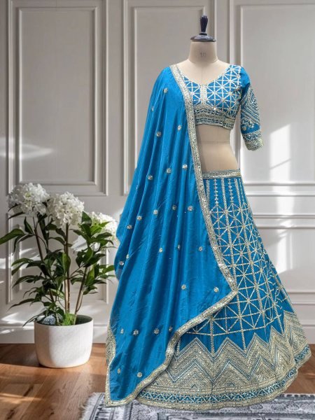 Sky Blue Chinon Silk Embroidered Lehenga Choli for Wedding Look Designer Lehenga Choli