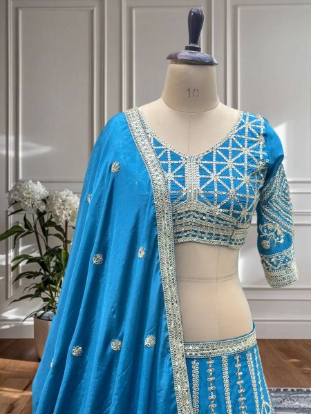 Sky Blue Chinon Silk Embroidered Lehenga Choli for Wedding Look Designer Lehenga Choli