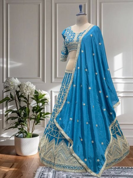 Sky Blue Chinon Silk Embroidered Lehenga Choli for Wedding Look Designer Lehenga Choli