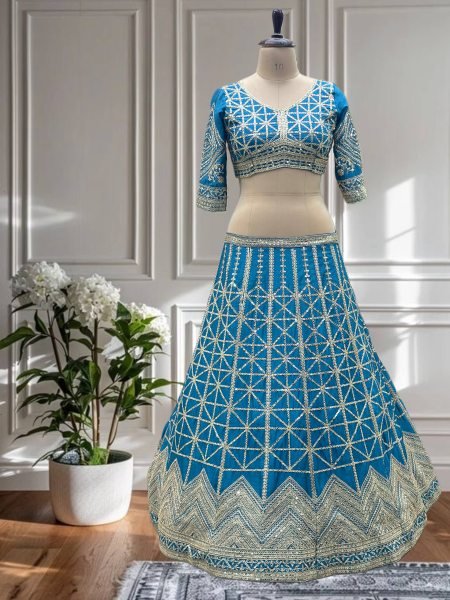 Sky Blue Chinon Silk Embroidered Lehenga Choli for Wedding Look Designer Lehenga Choli