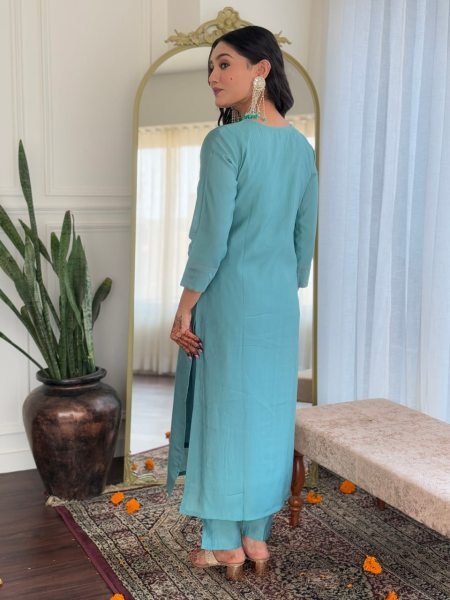 Sky Blue Color Premium Chanderi Embroidered 3-Piece Kurti Set At Wholesale Rate 3 Piece Kurti Set