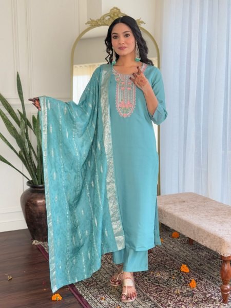 Sky Blue Color Premium Chanderi Embroidered 3-Piece Kurti Set At Wholesale Rate 3 Piece Kurti Set