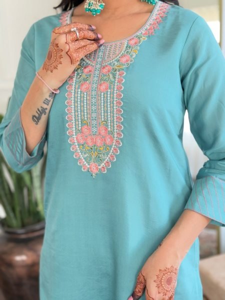 Sky Blue Color Premium Chanderi Embroidered 3-Piece Kurti Set At Wholesale Rate 3 Piece Kurti Set