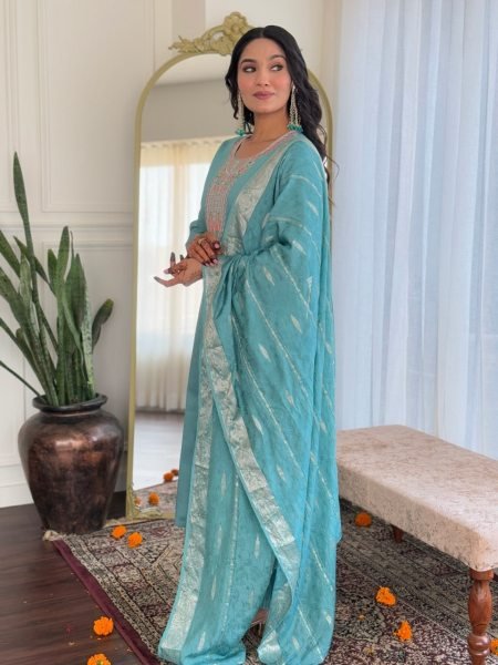 Sky Blue Color Premium Chanderi Embroidered 3-Piece Kurti Set At Wholesale Rate 3 Piece Kurti Set