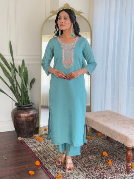 Sky Blue Color Premium Chanderi Embroidered 3-Piece Kurti Set At Wholesale Rate 3 Piece Kurti Set