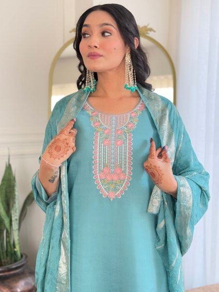 Sky Blue Color Premium Chanderi Embroidered 3-Piece Kurti Set At Wholesale Rate 3 Piece Kurti Set