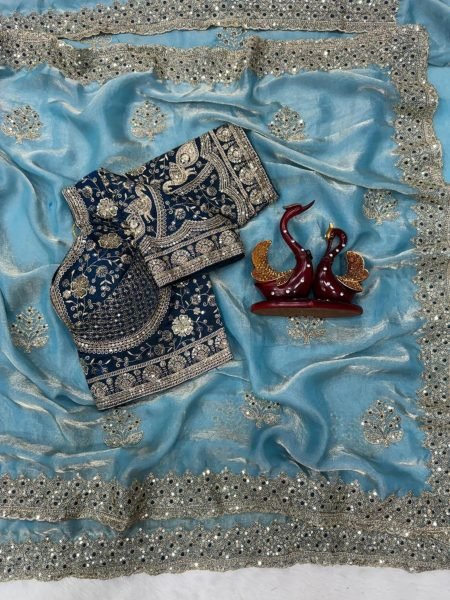Sky Blue Designer Fendy Satin Saree With Sequence Embroidery Work For Wedding Wear 